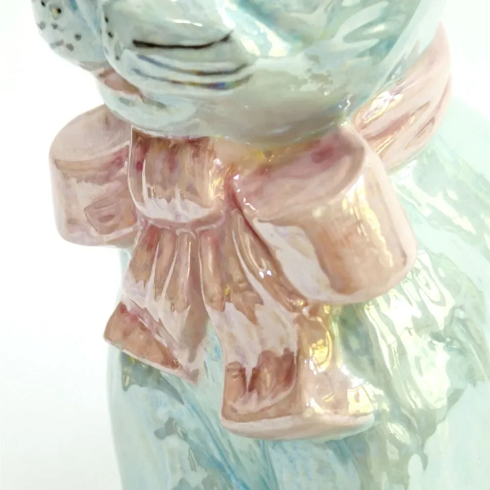 Vintage Iridescent Blue Ceramic Cat Figurine Pink Bow | Whimsical Mid-Century